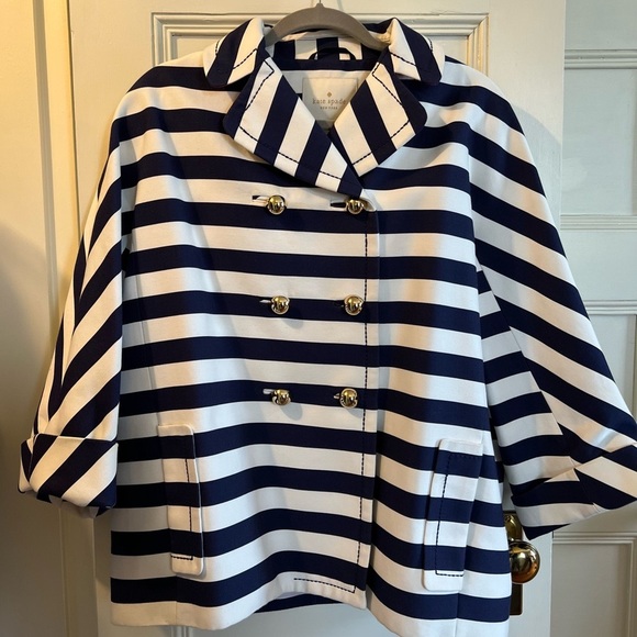 Kate Spade Navy and White 3/4 Sleeve Striped Double Breasted Jacket
